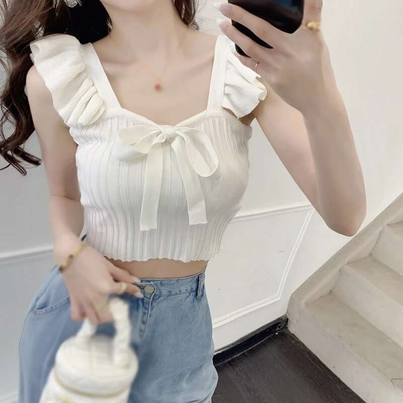 Version Square Korean Neck Bow Tie Slim Fitting With Fashionable Exposed Navel And Sweet Versatile Knitted Sleeveless Vest