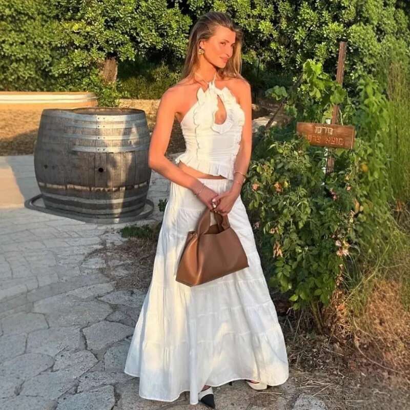 Tuularose Summer Long Women's Fashion Hollow Hanging Neck Tie Vest A-E White Sexy Holiday Party Skirt Set