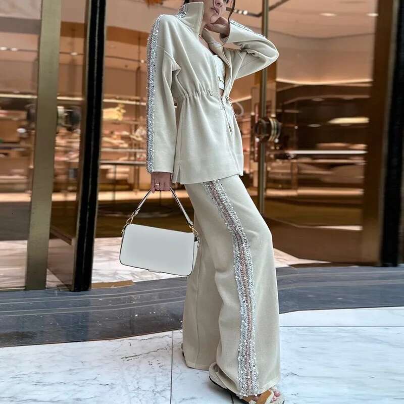 Vintage Sequin Solid Color Long Sleeved Drawstring Top & Wide Leg Pants Suit 2025 New Elegant Shiny Lady Chic Office Autumn Set