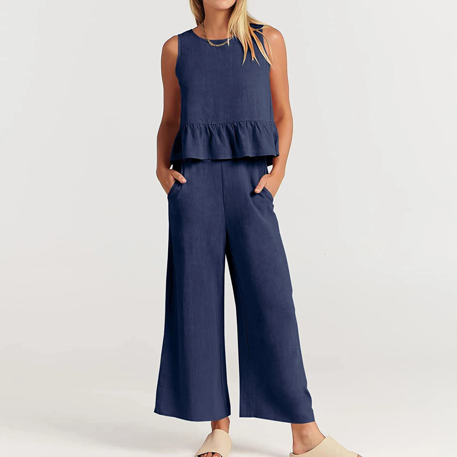 Womens 2piece long pants set with square neckline cotton summer loose fit solid color sleeveless daily clothing 250225