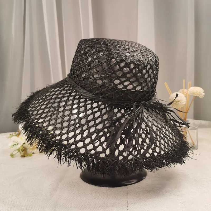 Cutout Str Womens Sun Hat French Style Large Brim Casual Solid Color R-Edge Beach Style Rafia Hat 2021XJ250304