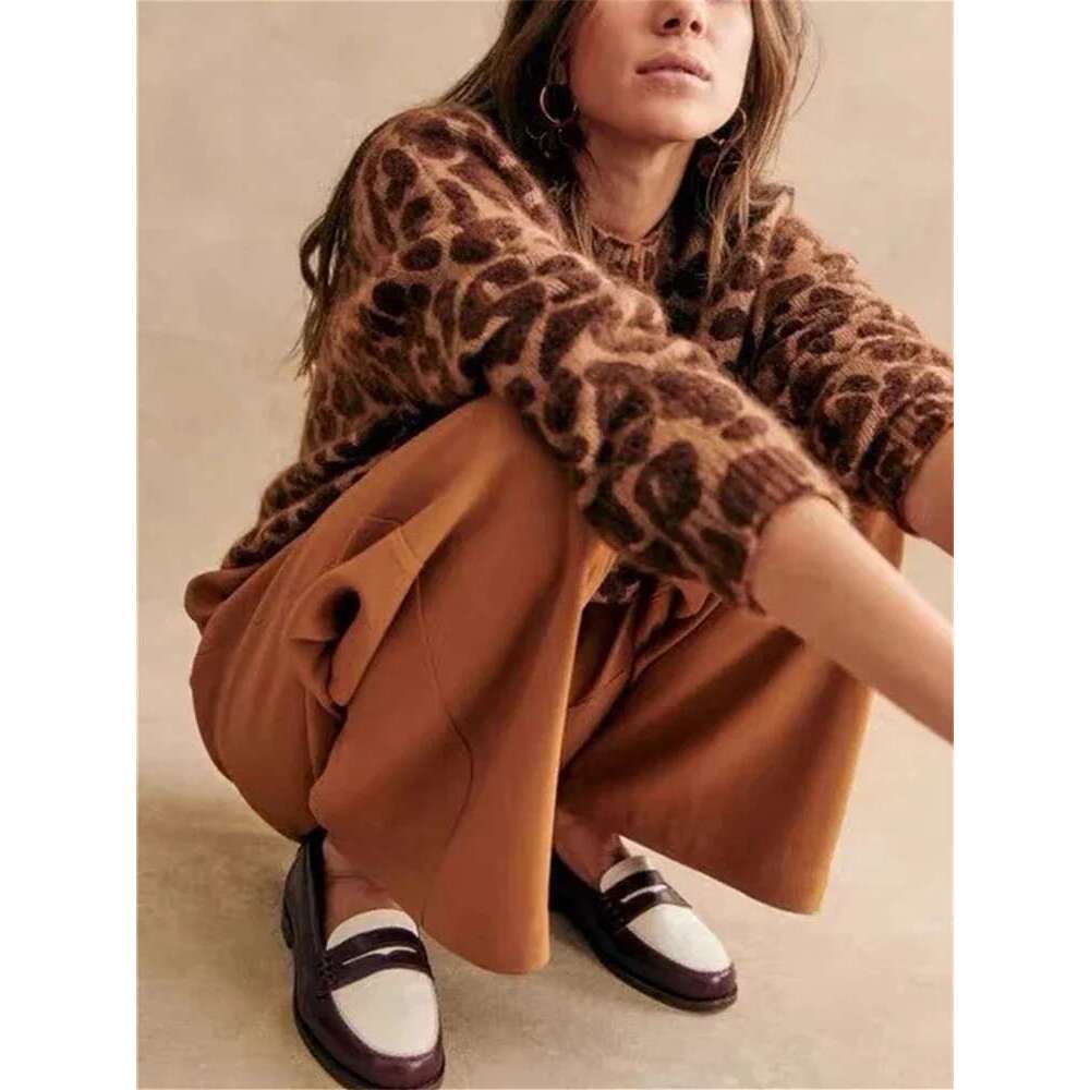 Women Leopard Jacquard Knit Sweater All-Match Spring 2025 New Ladies O-Neck Long Sleeve Loose Casual Pullover Tops