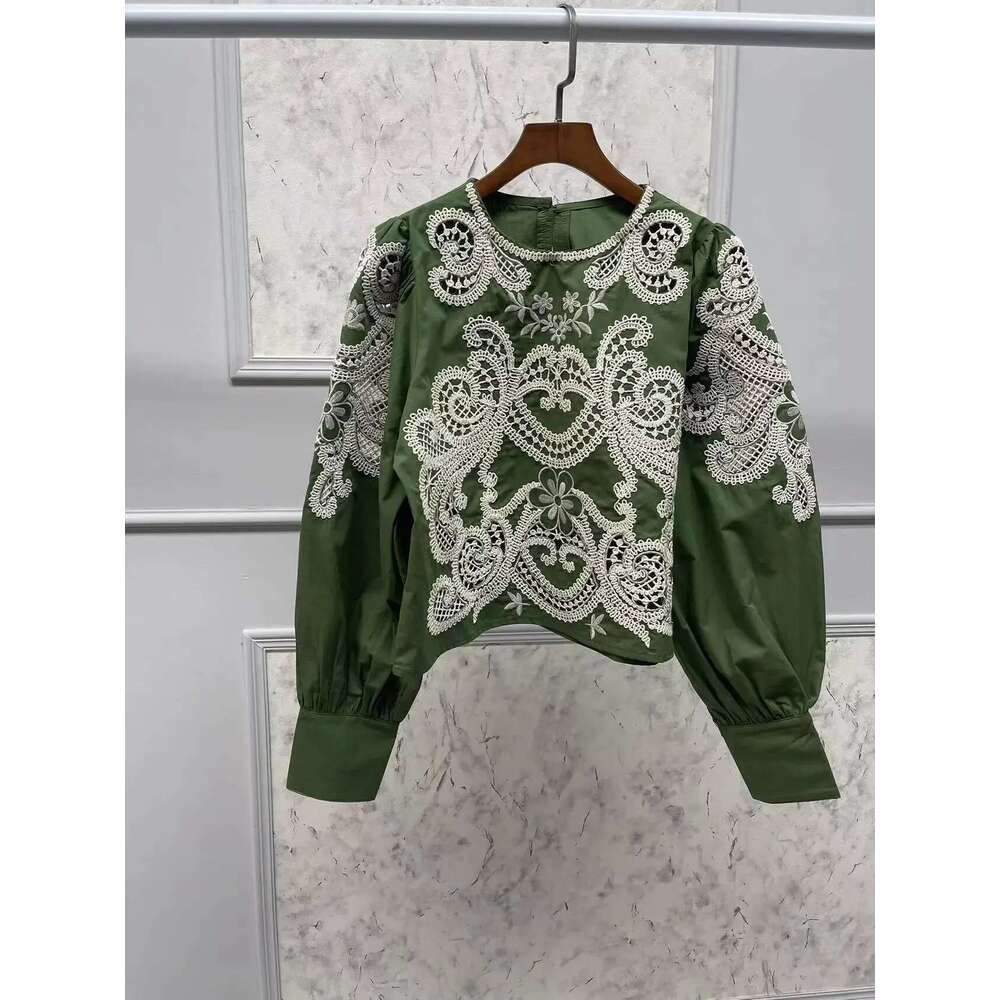 2025 Early Autumn Women O-Neck Blouse Three Dimensional Embroidery Hollow Out Green Vintage Long Puff Sleeve Female Shirt