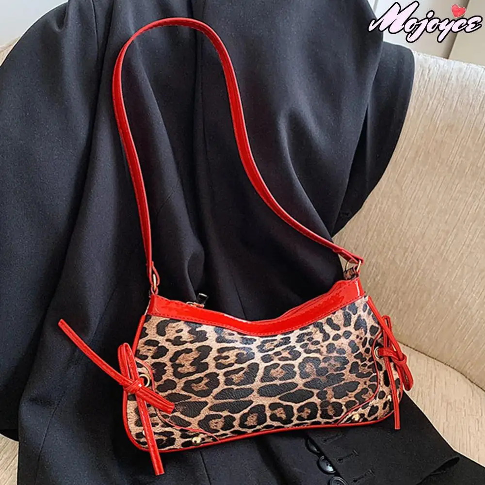 PU Leopard Trendy Bow Handbag for Women Zip Closure Stylish Underarm Bag Vintage Crescent Bag High Quality Shoulder Bag Bags 250228
