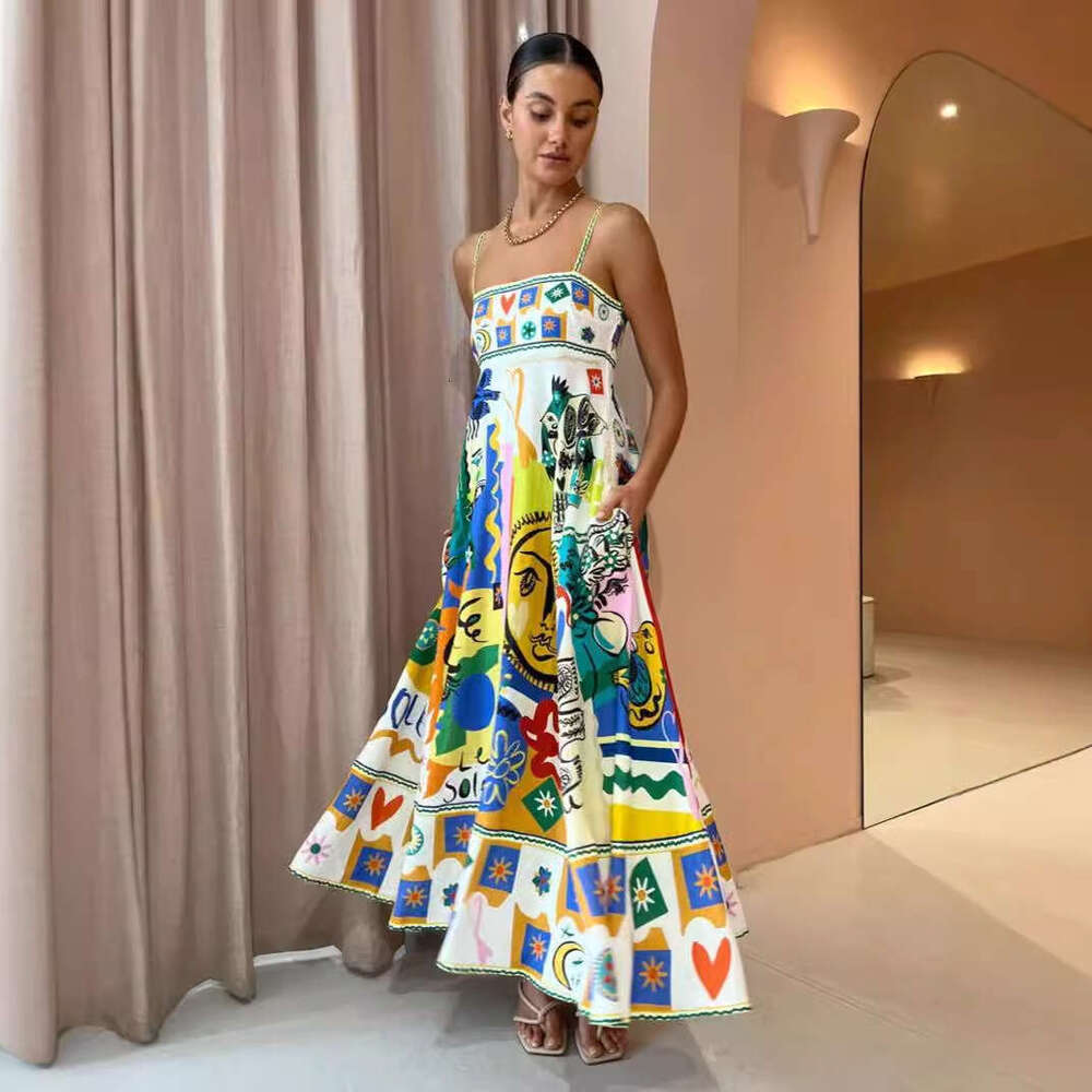 casual long women's suspender printed en 9-color large swing dress 2025 new style chic and elegant clothing