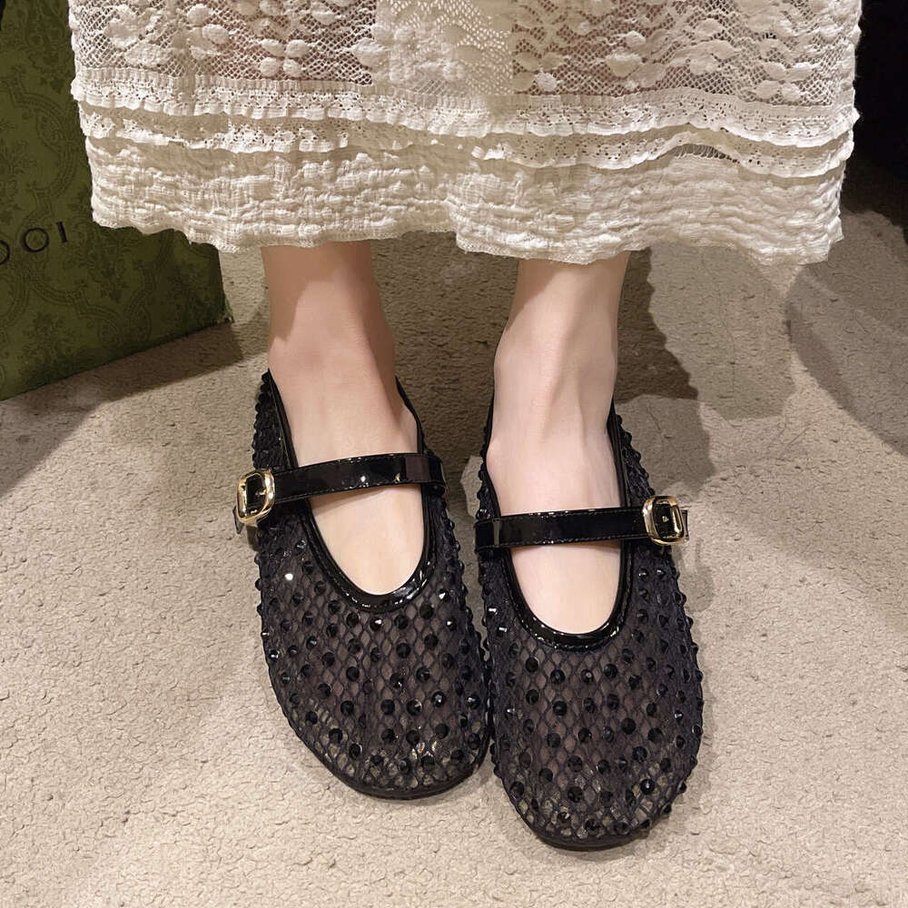 Mesh hollowed out Mary Jane women's for spring and summer 2025, new single buckle with breathable soft sole ballet shoes, flat shoes