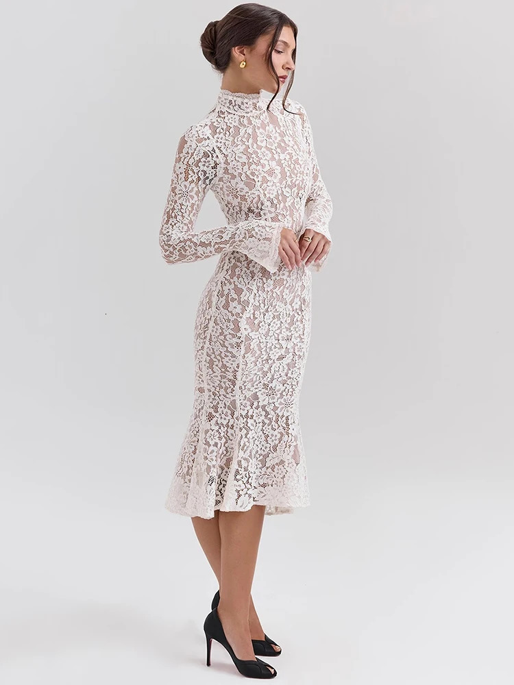 Elegant Lace Bodycon Midi Dress, Long Sleeve Party for Women, Half High Collar Sexy Club Dress C260312