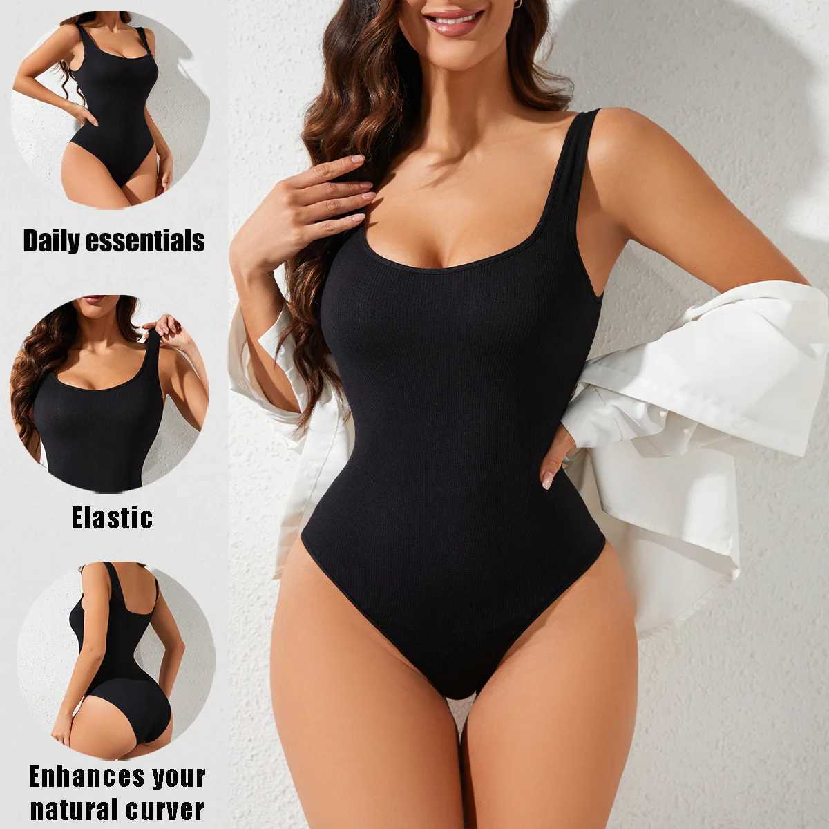 New Style Summer Seamless Bodysuit Shapewear Women Square Neck Tummy Control Thong Body Shaper Sexy Ribbed Sculpting Tank TopsXJ250304