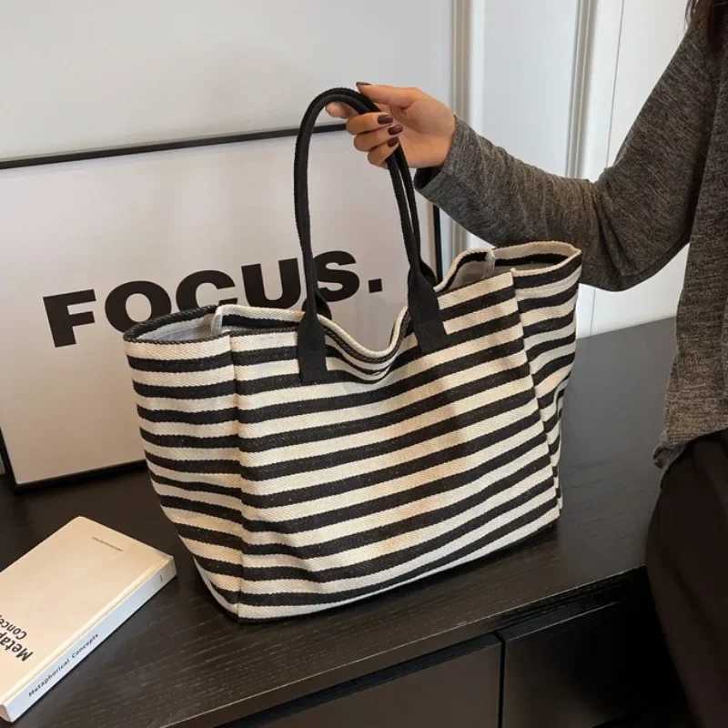 Commuter bag womens fashionable large capacity handbag student striped 2024 new niche zebra canvas single shoulder mom Y250304