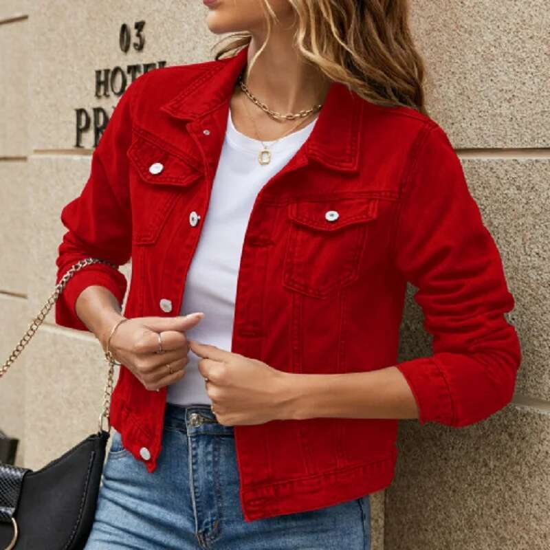 Women Autumn Denim Short Jackets Single Breasted Long Sleeve Turn-Down Collar Jeans Coats