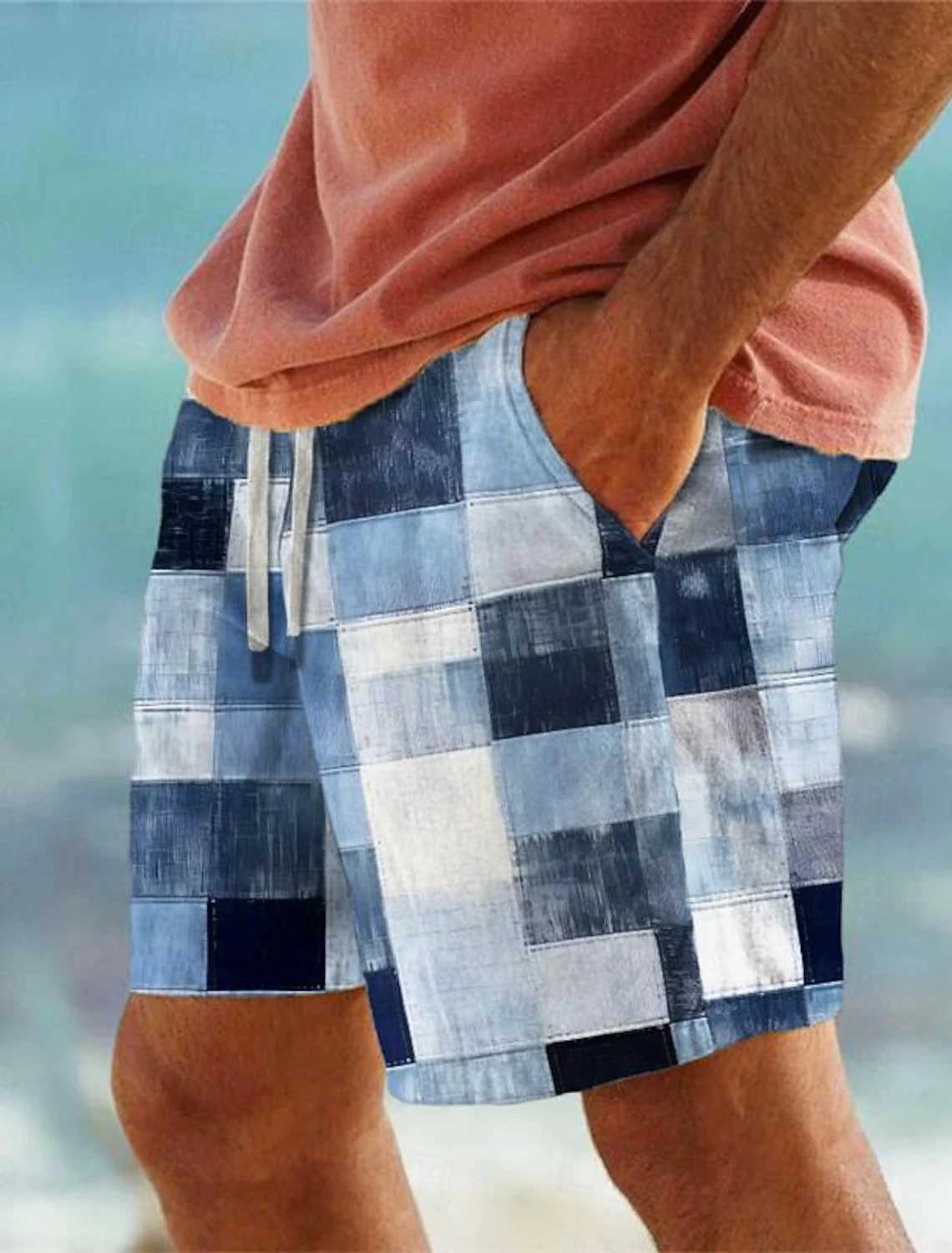 Mens Patchwork Plaid 3D Printed Beach Pants Summer Breathable Shorts Fitness Street Ropa HombreT250304