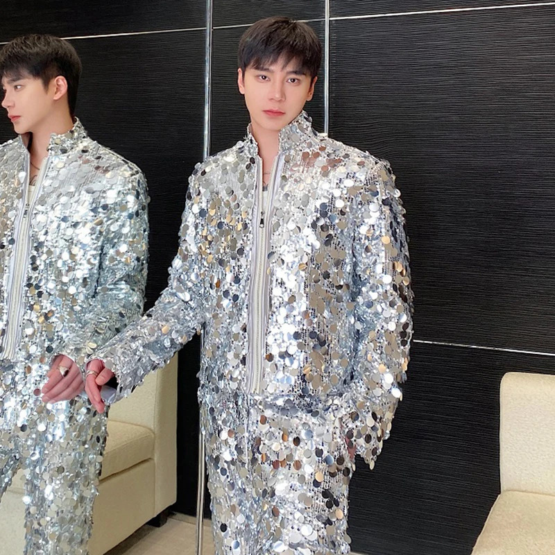 LUZHEN personalized sequin stand up collar short jacket trend cool stage clothing 2025 fashion street mens LZ6684 250304