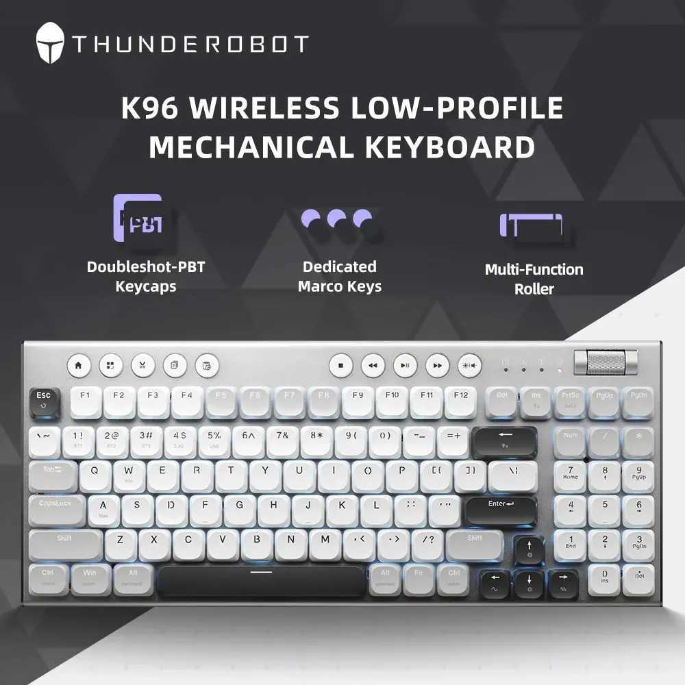 THUNDEROBOT K96 Wireless Mechanical Keyboard Low-profile Productivity Keyboard 98 Keys with Roller Marco Keys PBT Keycaps For PC Z250304