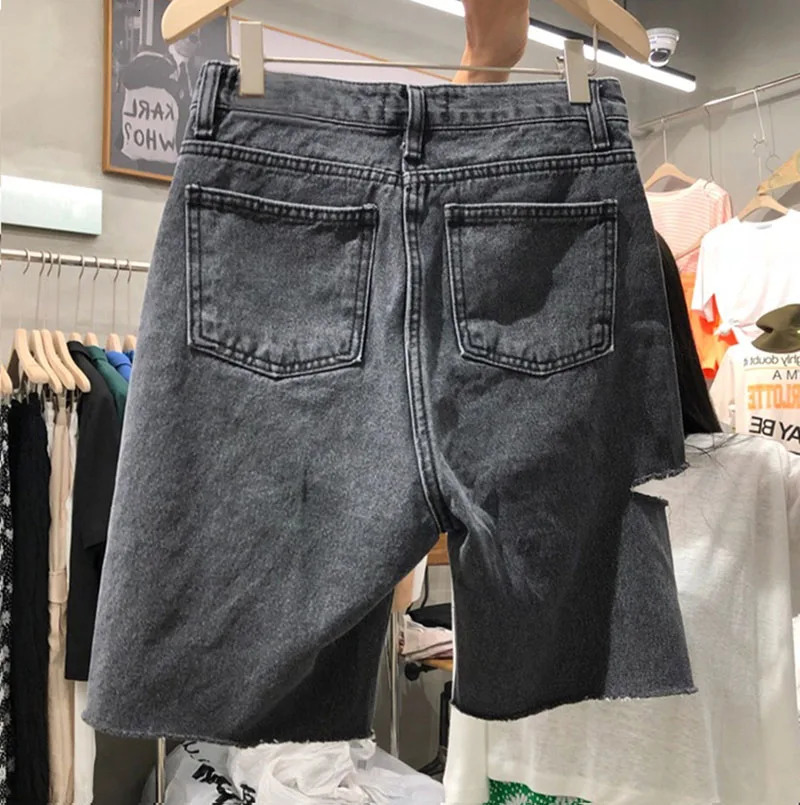 Large Size Hole Denim Shorts Summer Womens Chic High Waisted Five Point Fashion Casual Straight Leg Shorts 250303