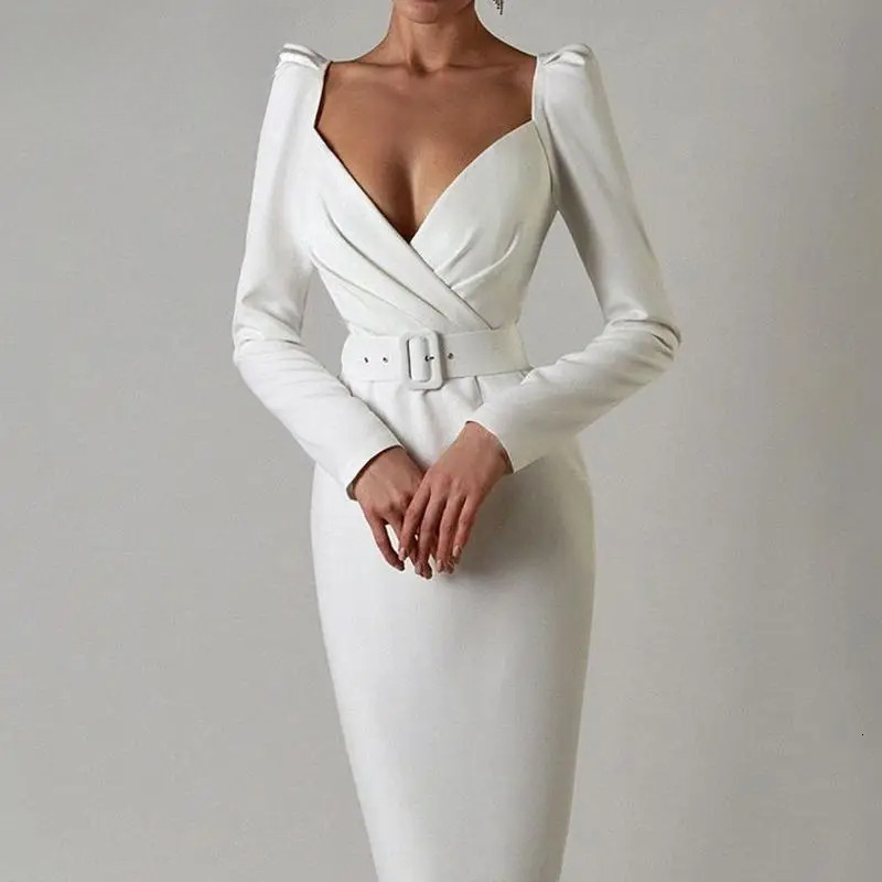 Elegant Square Collar Commuting With Belt Chic Banquet Party Women Long Sleeve Solid Formal Ocn Midi Dress