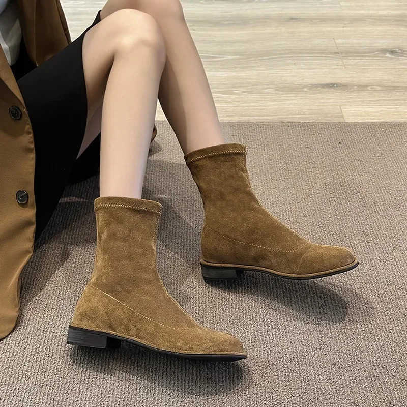 Vintage Wen Streh Sock Boots Fion Elegant Zippers Shoes Autumn Winter Flats Laides Modern Short Booties Z250304