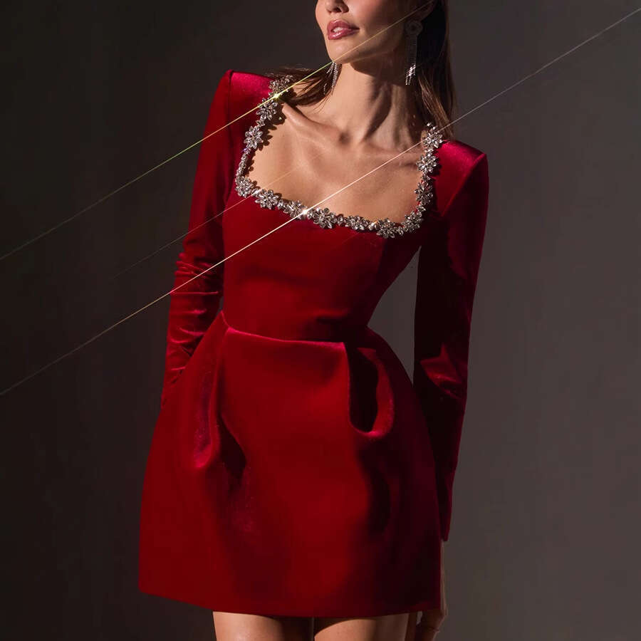 European and American Spring Women's Elegant Square Neck Dia Set Short Veet Dress 2025 New Casual Fashion Trendy Clothing