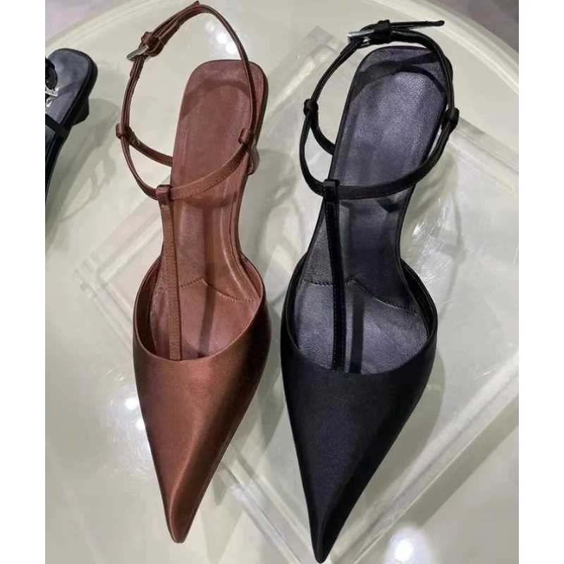 New Elegant Satin Pointed Toe Back Empty Sandals Wens e-word Buckle Sexy Kitten Heel Wens High Heel Pumps Sandals Y250303