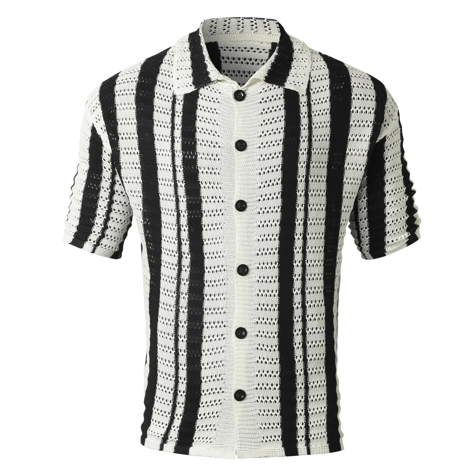 MenS Striped Handsome Shirt Hollowed Out Collar Sexy Fashionable Vacation Top Artistic Youth Clothing Mesh Long Sleeved Shirts 250304