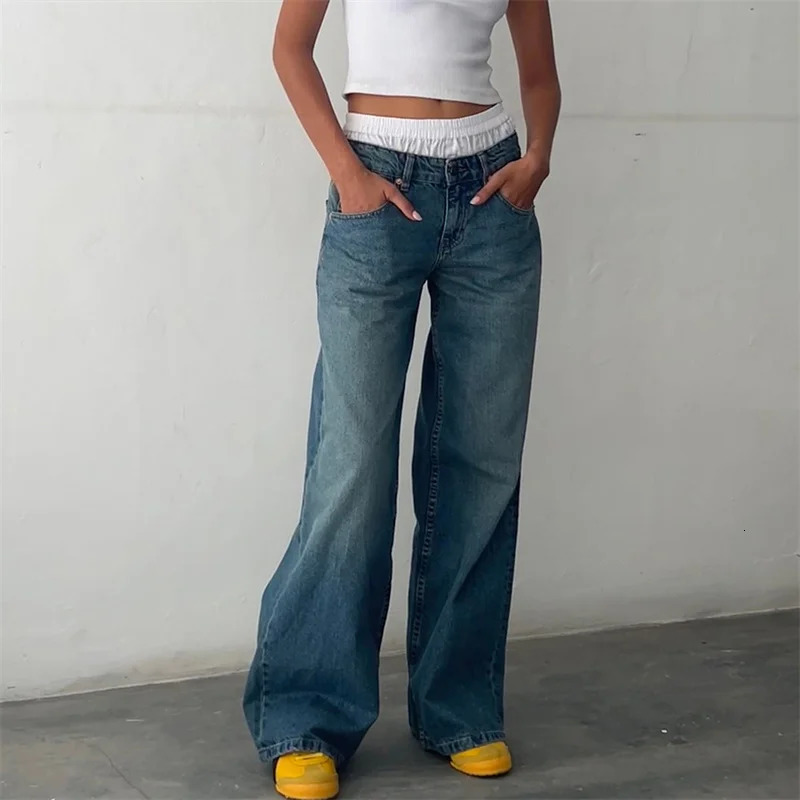 Womens Jeans y2k Clothes Women Solid Color Low Waist Wide Leg Denim Pants Trousers with Multi Pockets 2000s Streetwear 250228