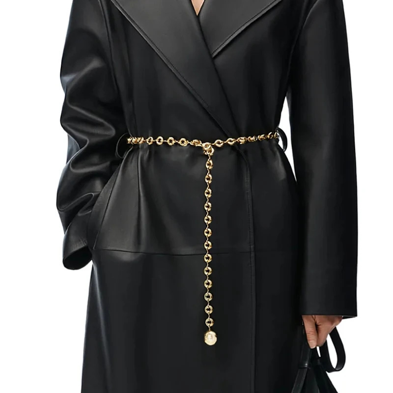 Round light gold waist chain coat thin chain waist belt womens metal chain waist belt 250304