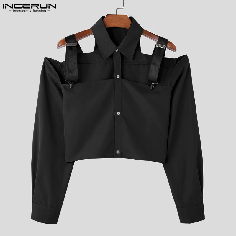 Mens Shirt Hollow Out Lapel Long Sleeve Button Male Crop Tops Sexy Solid Color Streetwear Fashion Casual Camisas INCERUN 250304