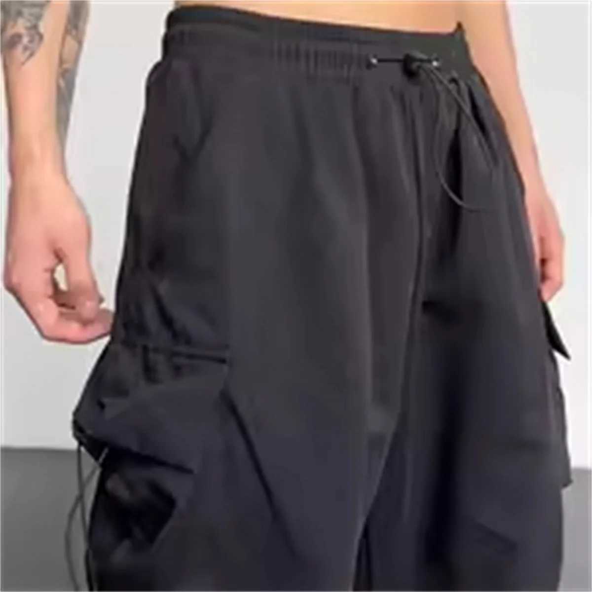 Spring and summer mens casual pants with large pockets street clothing in black stretchy sporty fashionable oversized couple pants for going outXJ2503