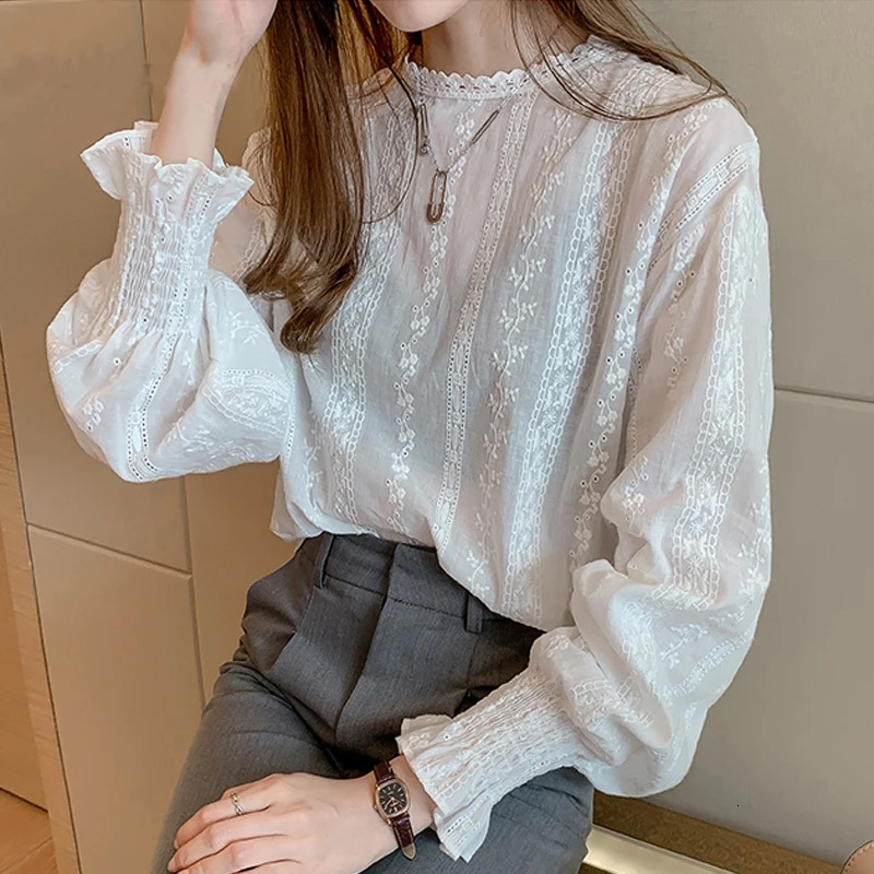 Dingaozlz Vintage style lace shirt Flare sleeve Hollow out White blouse Casual clothing fashion Women lace Tops Blouse 250228