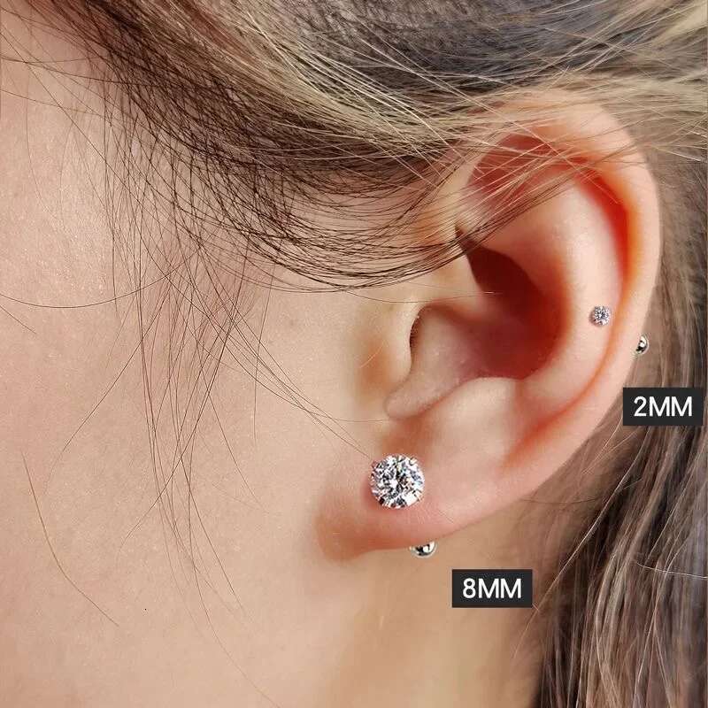 Stainless Steel Moissanite Korean Earrings for Women Crystal Screw Titanium Ear Studs Anti Allergic Body Jewelry Bone Nail
