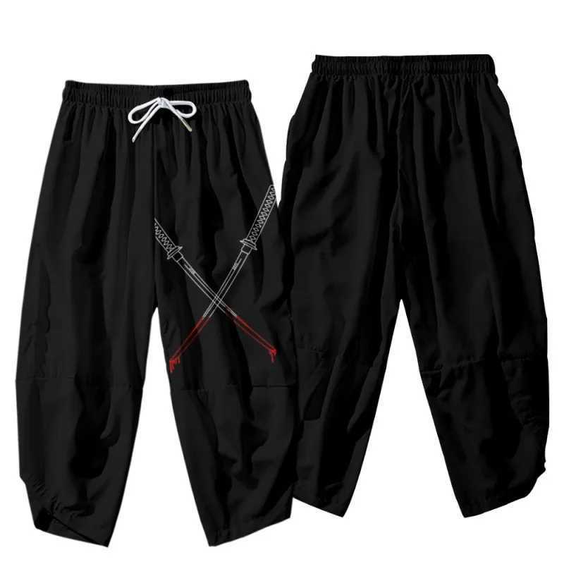 Cartoon Chinese Dragon Printed Black Men Japanese Harem Trousers Casual Elastic Waist Kimono Cropped Pants StreetwearXJ250303