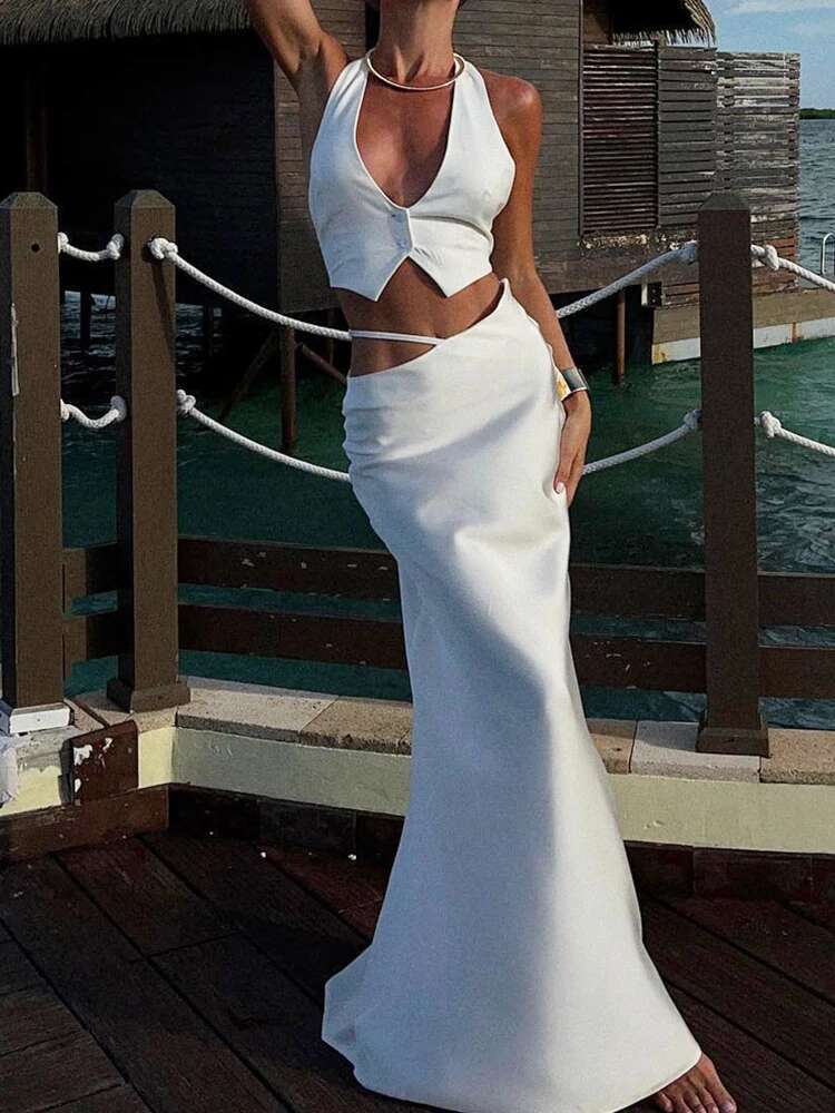 Byemylove 2 Pieces Sets Women Maxi Silk Crop Top With Long Sexy Elegant Evening Party Skirts Outfits Summer New