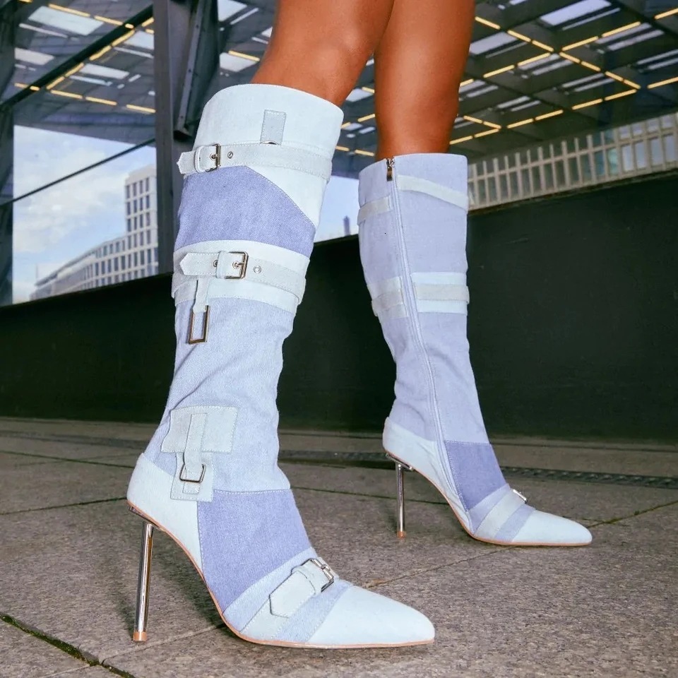 Ins Fashion Show Irregular Electroplating Heel Multi Color Splicing Buckle Women's Singles Shoes Changxing County Boots
