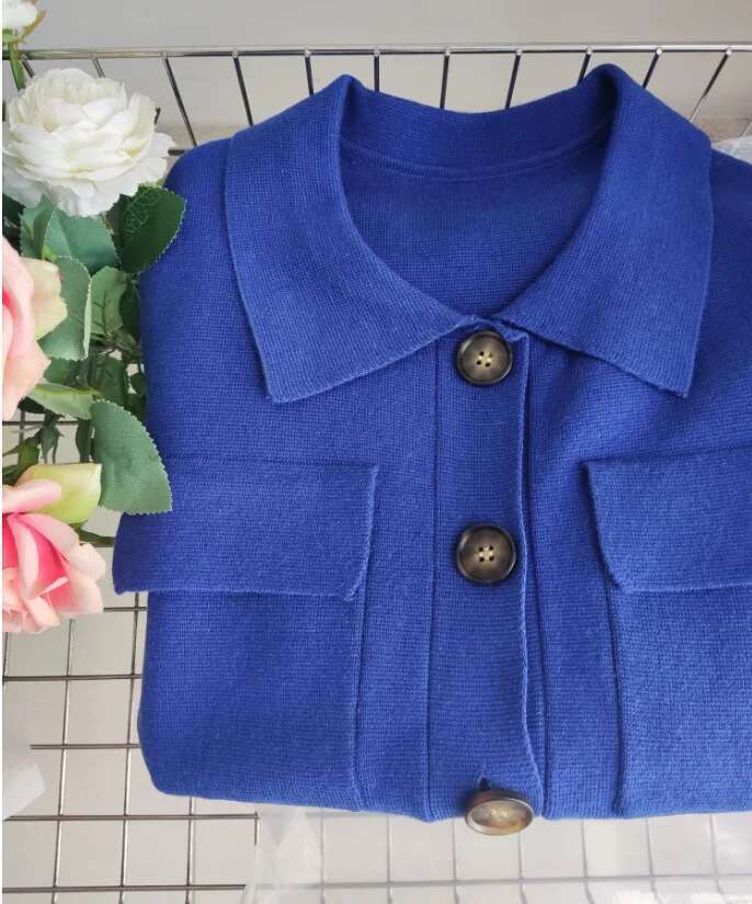 2025 Solid Jumper Caramel Lapel Double-Pocket Shirt-Style Wool Blending Knit Sweater