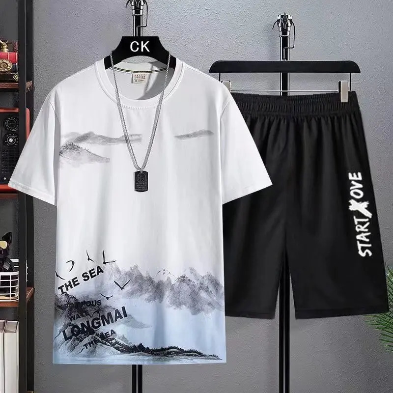 Trendy Suits for men Mens Summer Shorts Set Gym Outfit Student Short Sleeve Tee 2 Piece Set Tracksuits Men Casual Men Clothing 250304