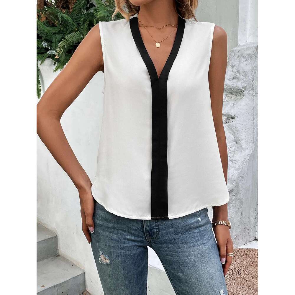 Small Elegant fashion V-neck sleeveless color contrast fine edge casual women's vest shirt