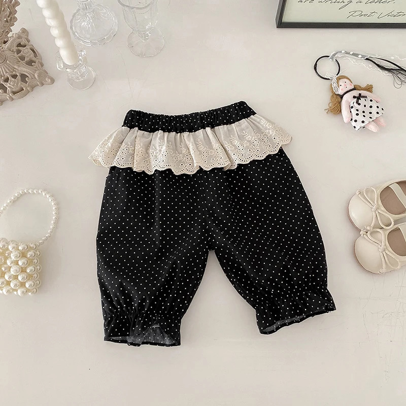 Summer Dot Print Pants for Girls Lace Patchwork Baby Childrens Shorts Versatile Matching Vest Thin Coat Kids Clothing 250304