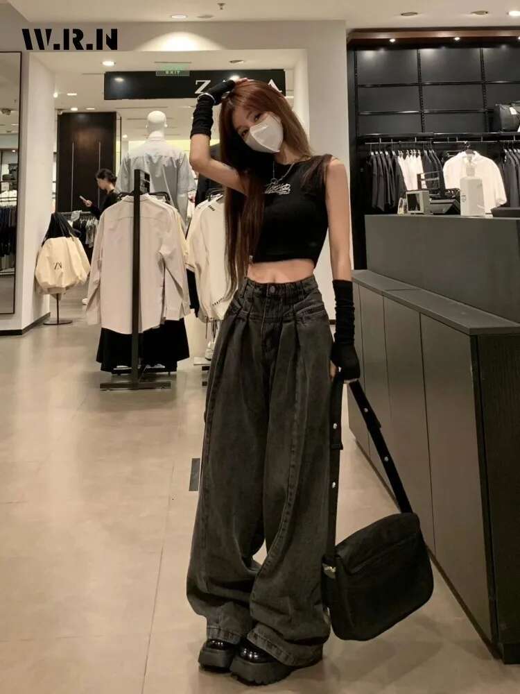 American Vintage Grunge Waist Straight Jeans Women's Casual 2000S Washed Pants Baggy Y2k Wide Leg High Street Denim Trouser