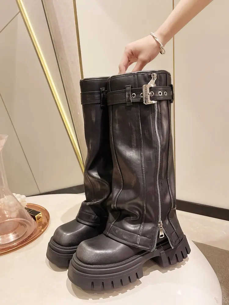 Wens Platform Boots 2024 Autumn Winter New Brown Tall Knight Boots Wern Cowboy Boots Versatile Ladies Shoes Zapatos Z250304