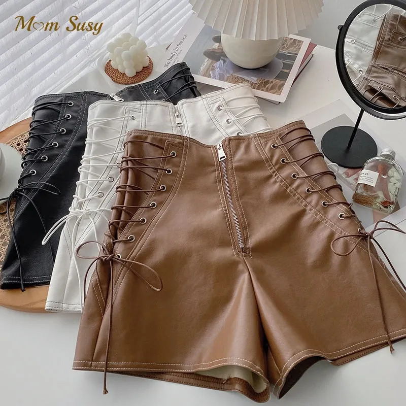 Fashion Girl PU Leather Lace Up Shorts Toddler Teen Child Leather High Waist Shorts Wide Leg Short Pant Baby Clothes 2-16Y 250304