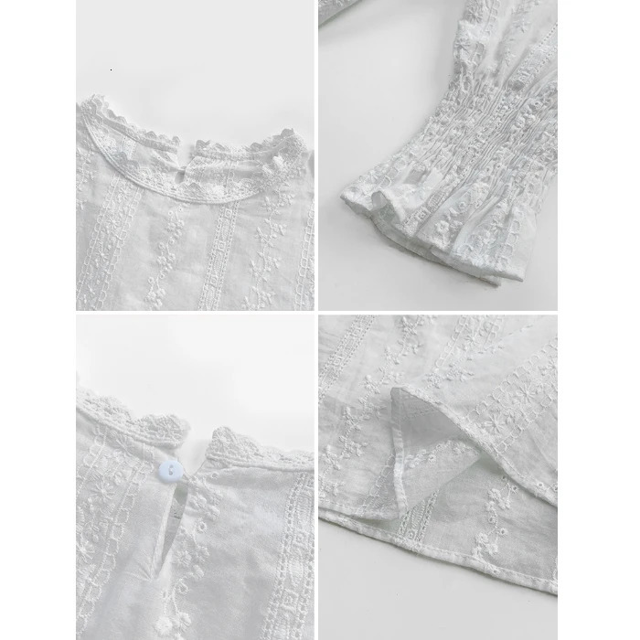 Dingaozlz Vintage style lace shirt Flare sleeve Hollow out White blouse Casual clothing fashion Women lace Tops Blouse 250228