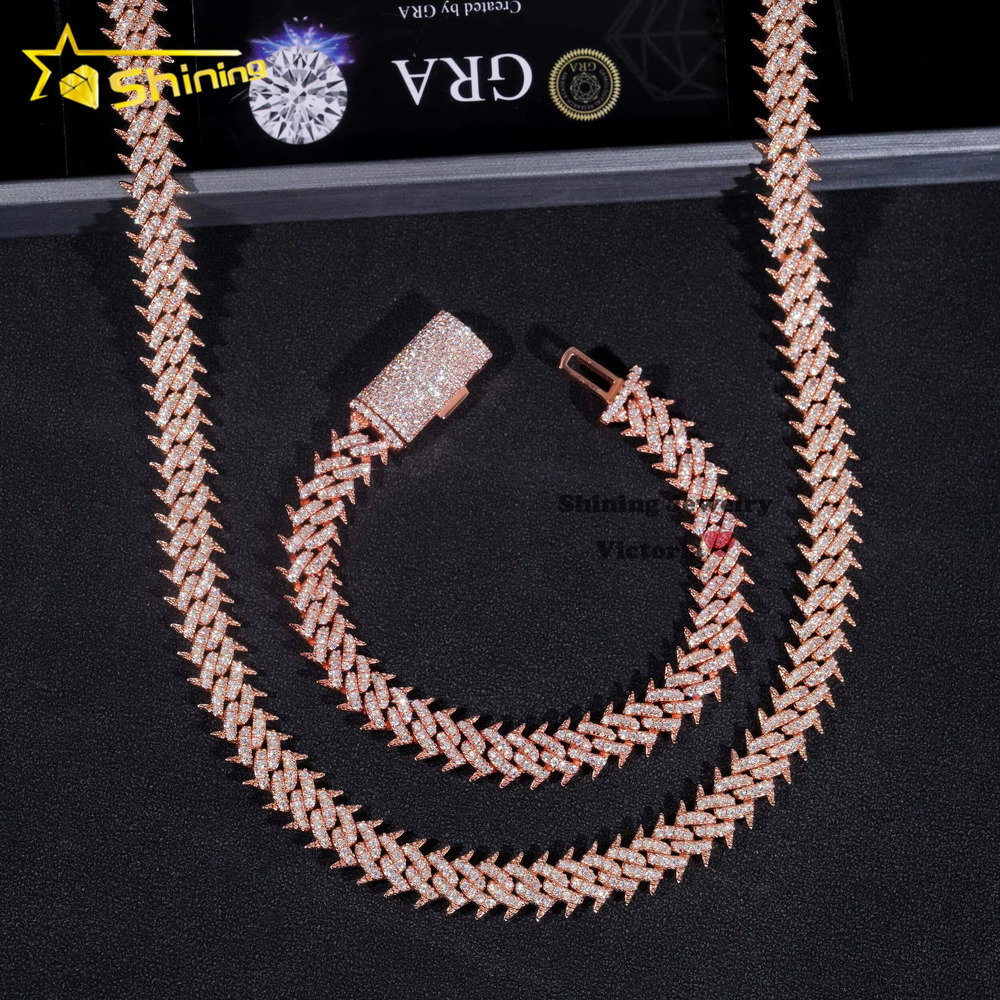 Hot Sale Soild Sier Rose Gold Plated Hip Hop Necklace 10MM VVS Moissanite Dia Spike Cuban k Chain