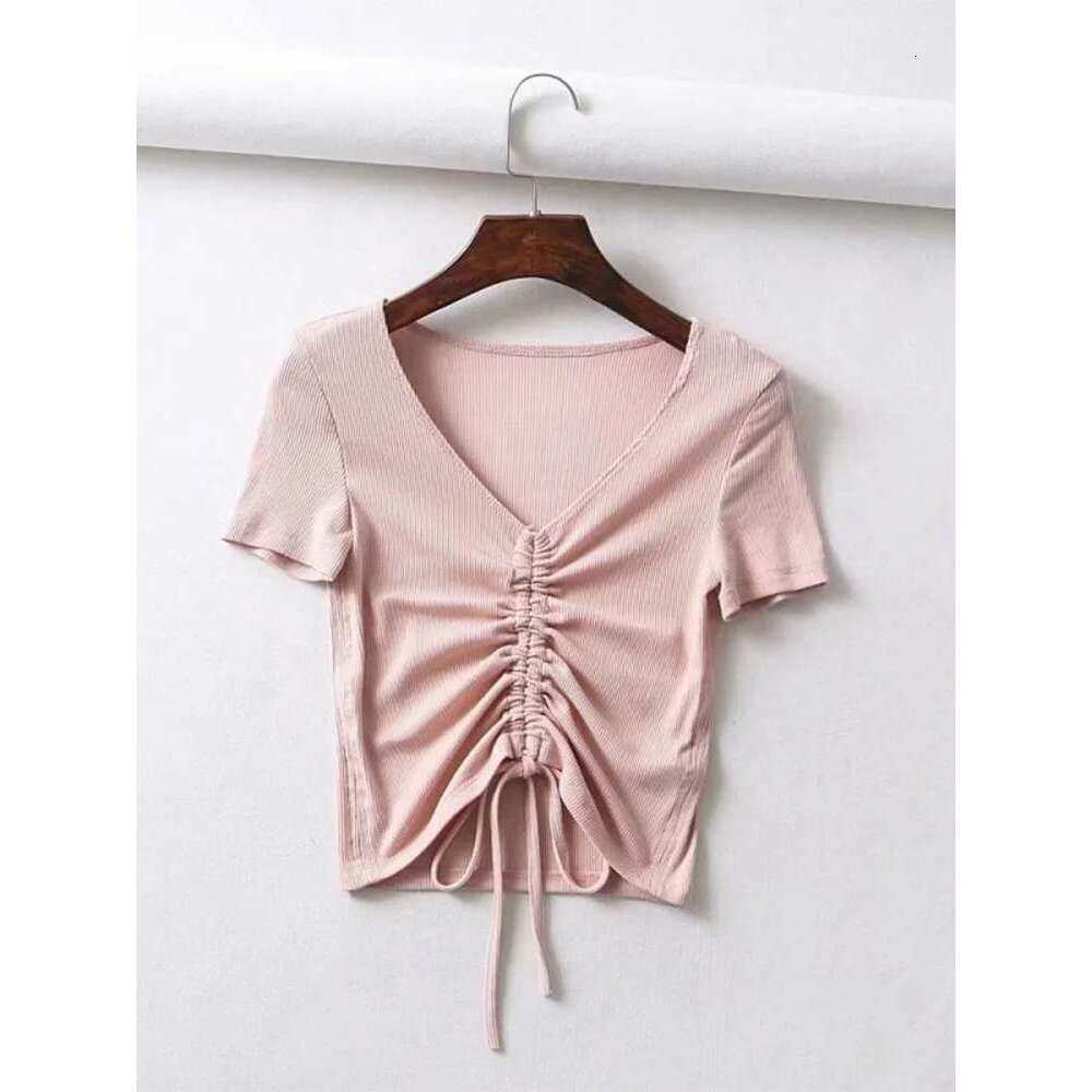V Neck Sexy Cropped Tank Tops Women Drawstring Tie Up Front Camis Candy Colors Streetwear Slim Fit Ribbed Crop Top