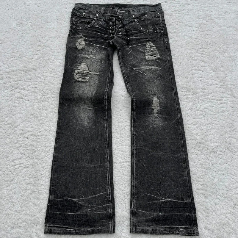 retro double waisted lace up micro flared women pants streetwear Y2K washed high-quality sense men and women jeans 250228