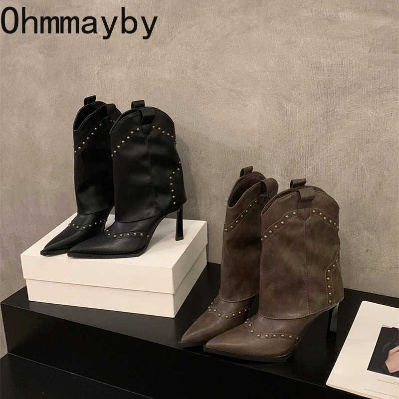 Vintage Wen Wern Cowgirl Boots Fion Slip On Shoes Autumn Winter High Heel Wens Knight Short Booties Z250304