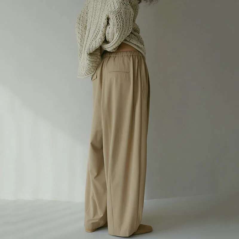 Fashion Light Beige Silhouette Trousers Women's Elastic High Waist Loose Straight Wide Leg Casual Pants New Tide