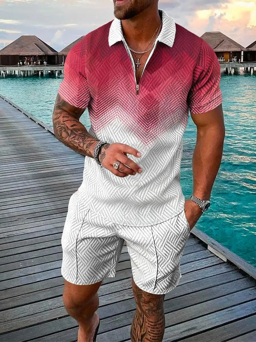 Men Zipper Collar Polo Shirt And Shorts 2pcs Sets Street T-shirt Piece Casual Sportswear Ropa Hombre 3D Vintage Man Clothing 250304