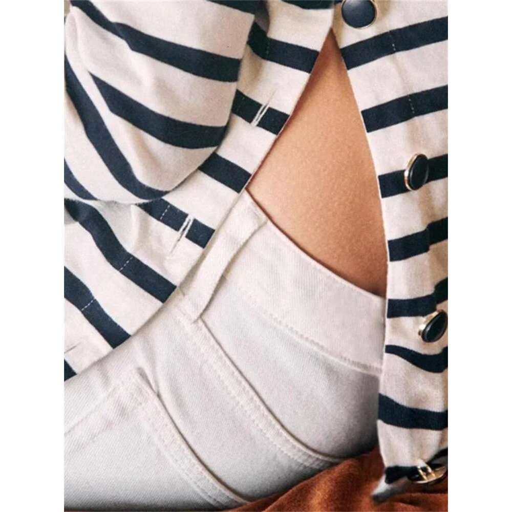 Women T-Shirts Side Buttons Slit Classic Stripes O-Neck Long Sleeve 2025 Early Spring Ladies Casual Tshirt