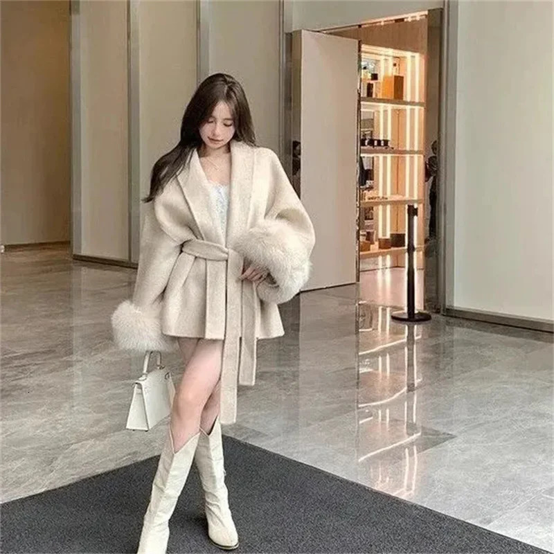 Wool jacket with spring and summer long sleeves loose highend spliced short blended wool lace 250225