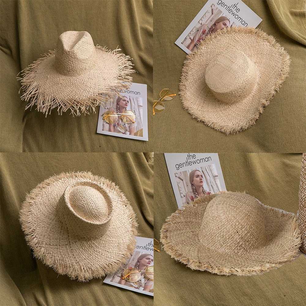 2024 Handmade Big Brim Hat Oversized Tassel Burrs Women Men Str Sun Brim Hats Natural Raffia Panama Beach Summer HatXJ250304