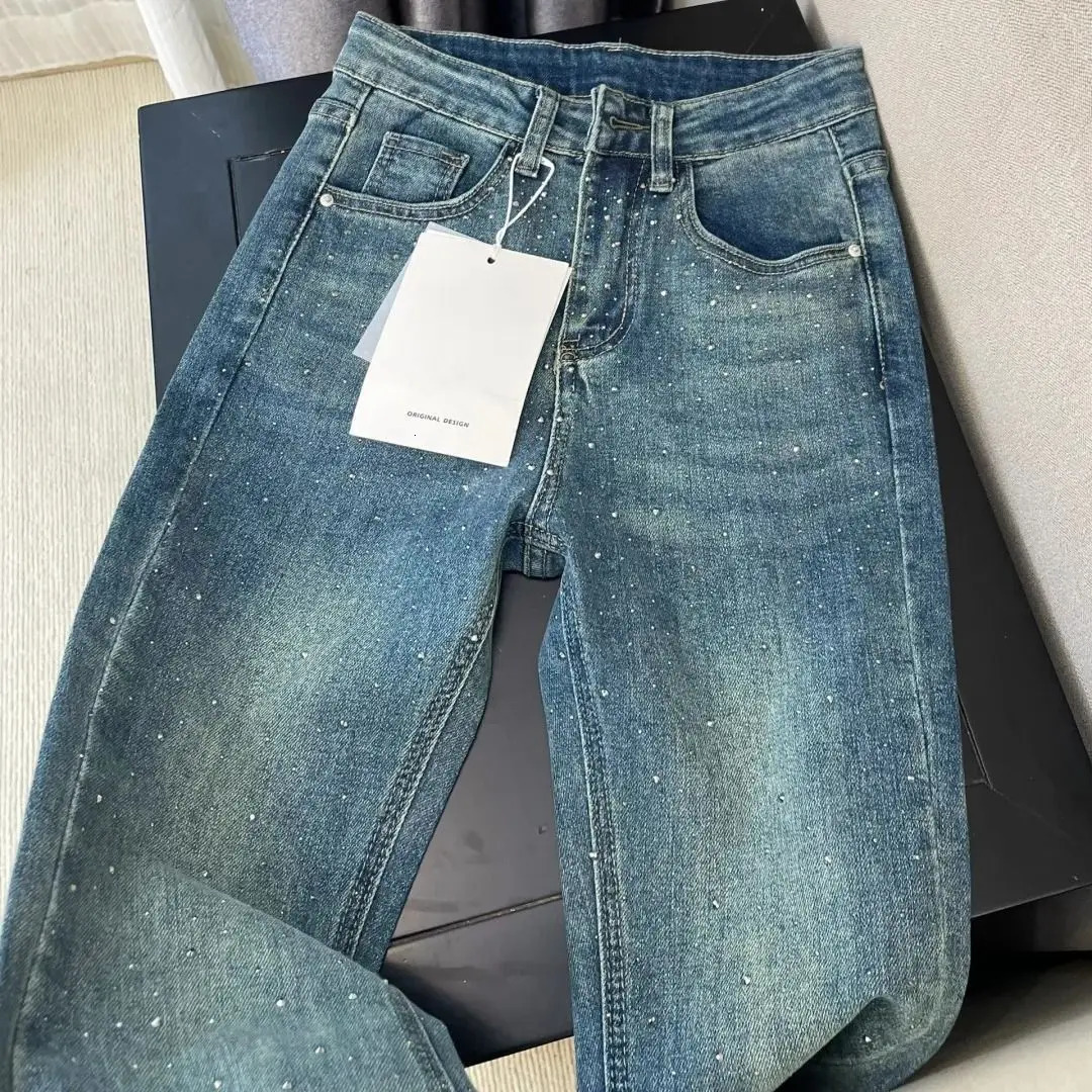 Retro Washed Diamond-encrusted Jeans Womens Spring Sense High-waisted Straight-leg Pants Loose Wide-leg Mopping Pants 250228
